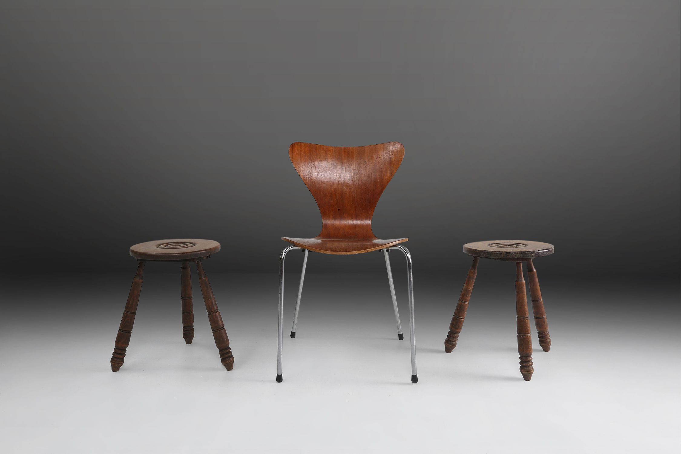 Pair of Vintage low Brutalist tripod Stools, Belgium, 1960sthumbnail